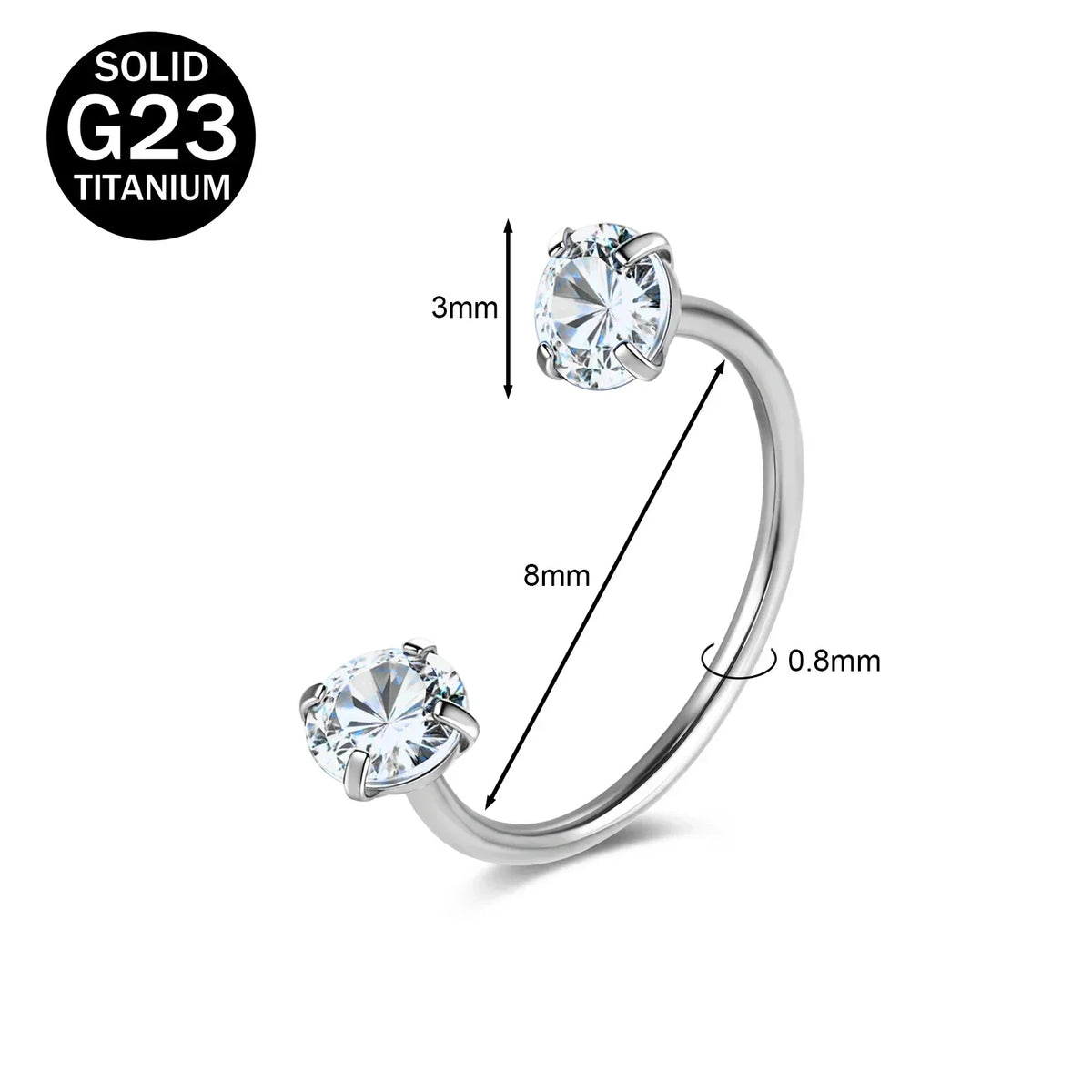A silver titanium nose ring featuring a round CZ crystal gemstone.