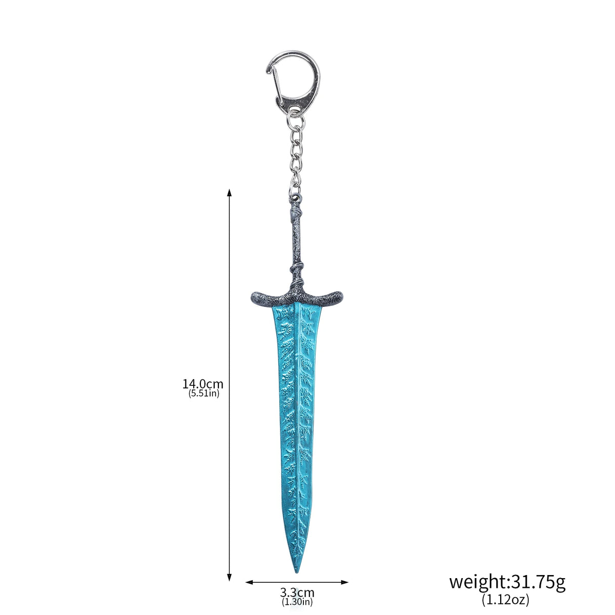 Silver pendant featuring a blue, blade-like design with a loop for a keyring.