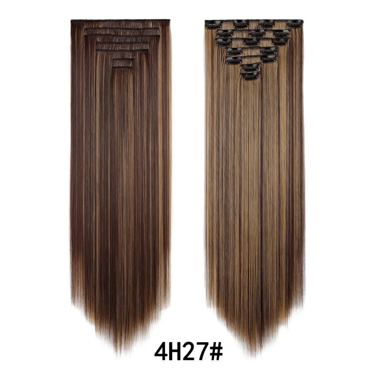 A pair of 24-inch clip-in hair extensions in a brown shade with a decorative clip at the top.