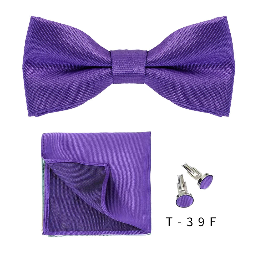 Purple striped bow tie and cufflinks set displayed on a white background.