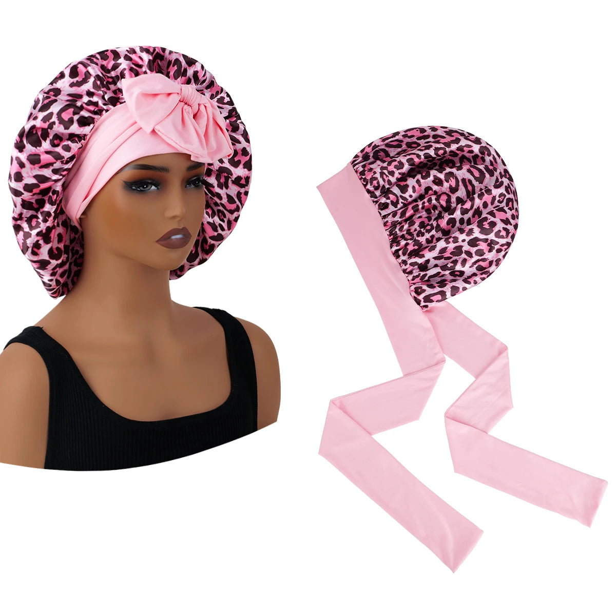 Pink satin sleep bonnet with leopard print fabric and matching ribbon