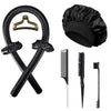 A set of black no-heat hair rollers and styling tools including a large roller, a comb, and a fine-toothed brush.