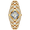 A luxury gold-toned quartz wristwatch featuring a diamond-encrusted band and a square crystal face.