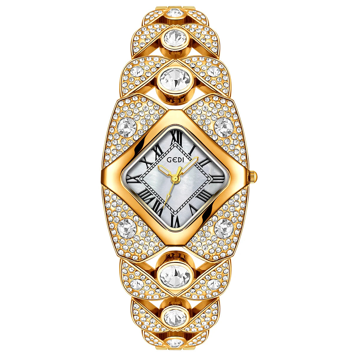 A luxury gold-toned quartz wristwatch featuring a diamond-encrusted band and a square crystal face.