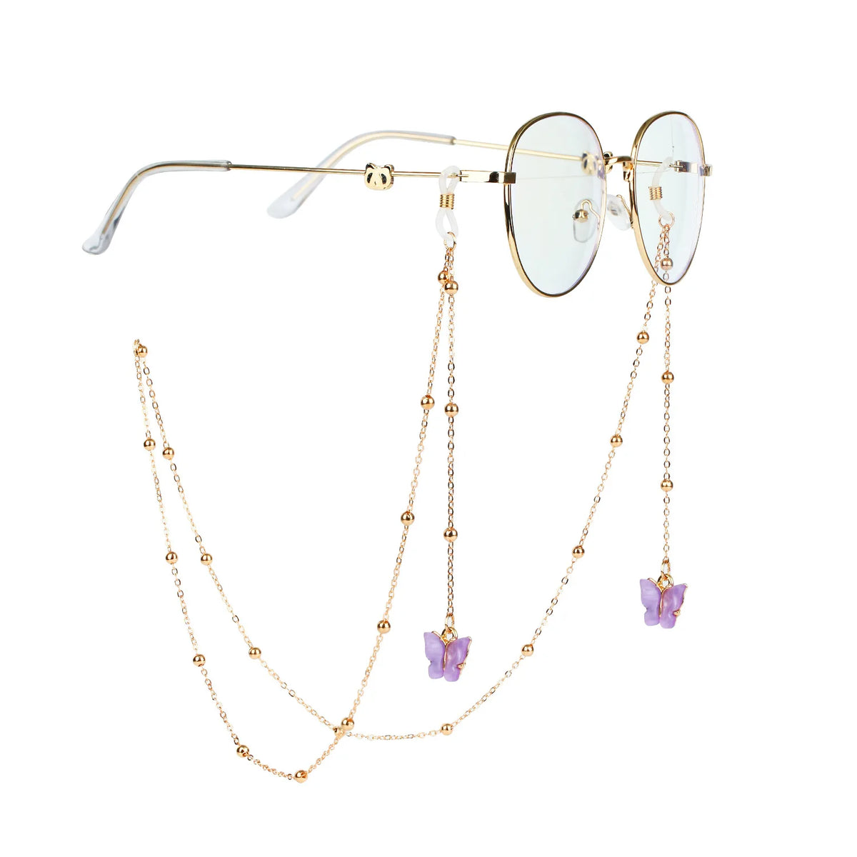 Gold-toned butterfly pendant glasses chain necklace with round clear lenses