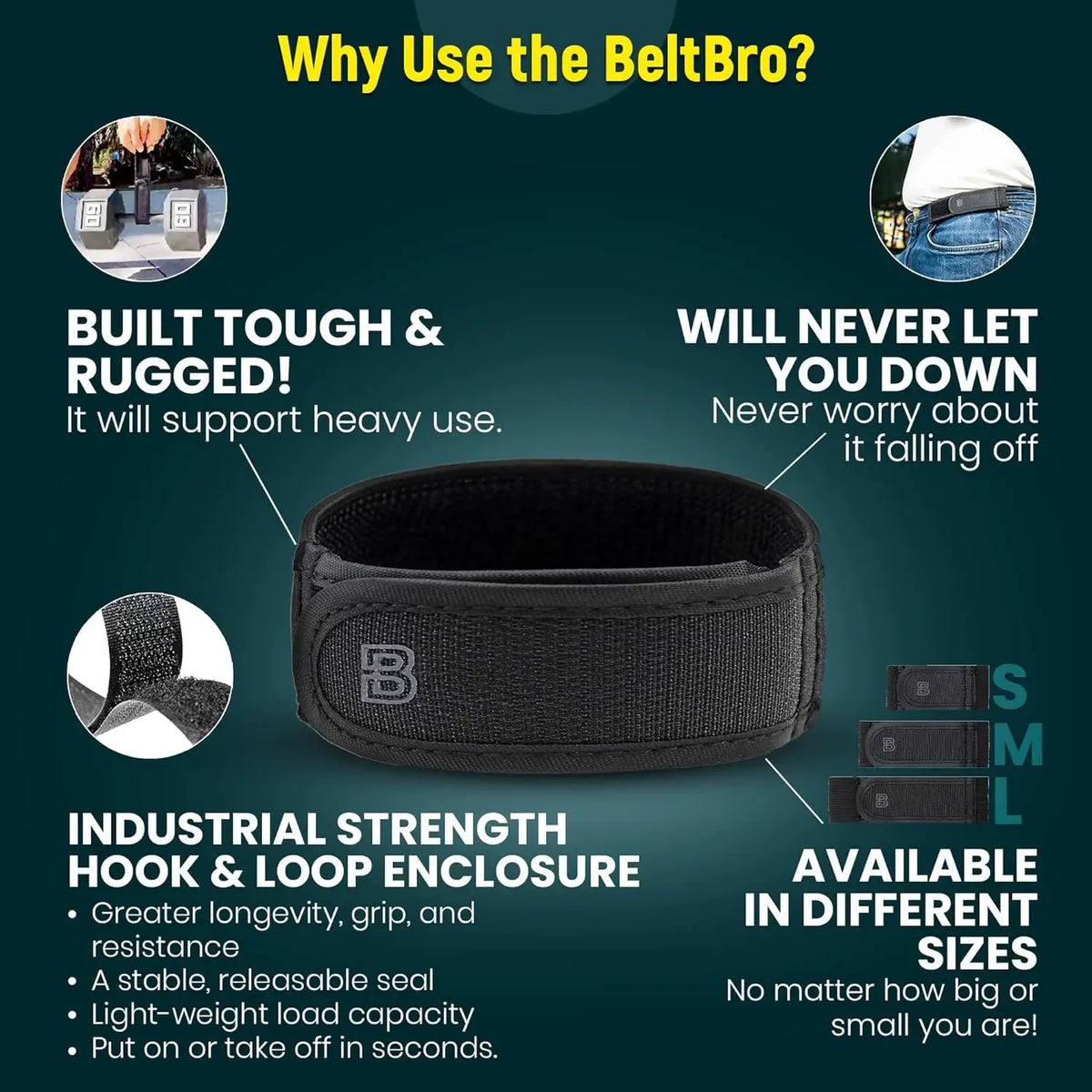 A black elastic waist belt is shown with various features highlighted, including industrial strength hook and loop enclosure.