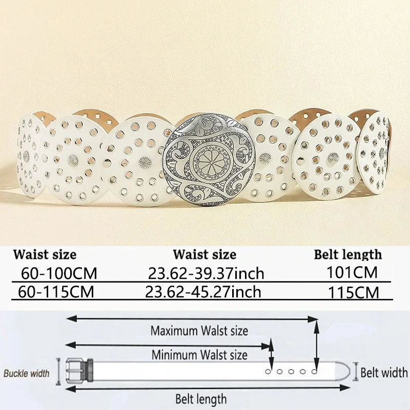 A set of vintage western denim belts in white and black patterns with size measurements.