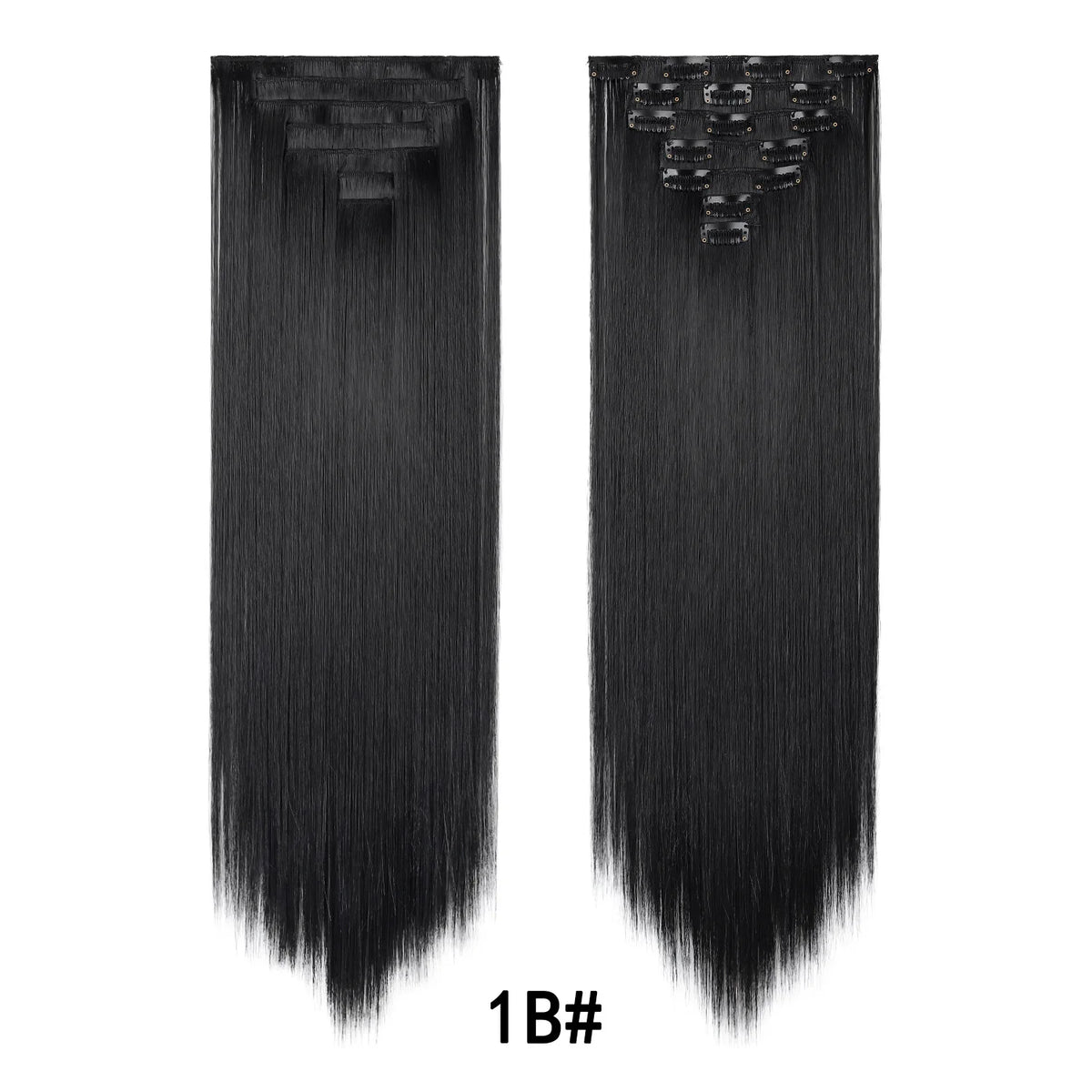 A pair of black 24-inch clip-in hair extensions with natural volume.