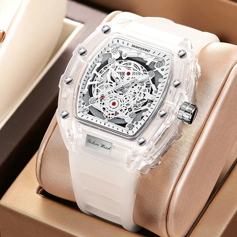 A white luminous calendar men's quartz watch is displayed in a light brown box.