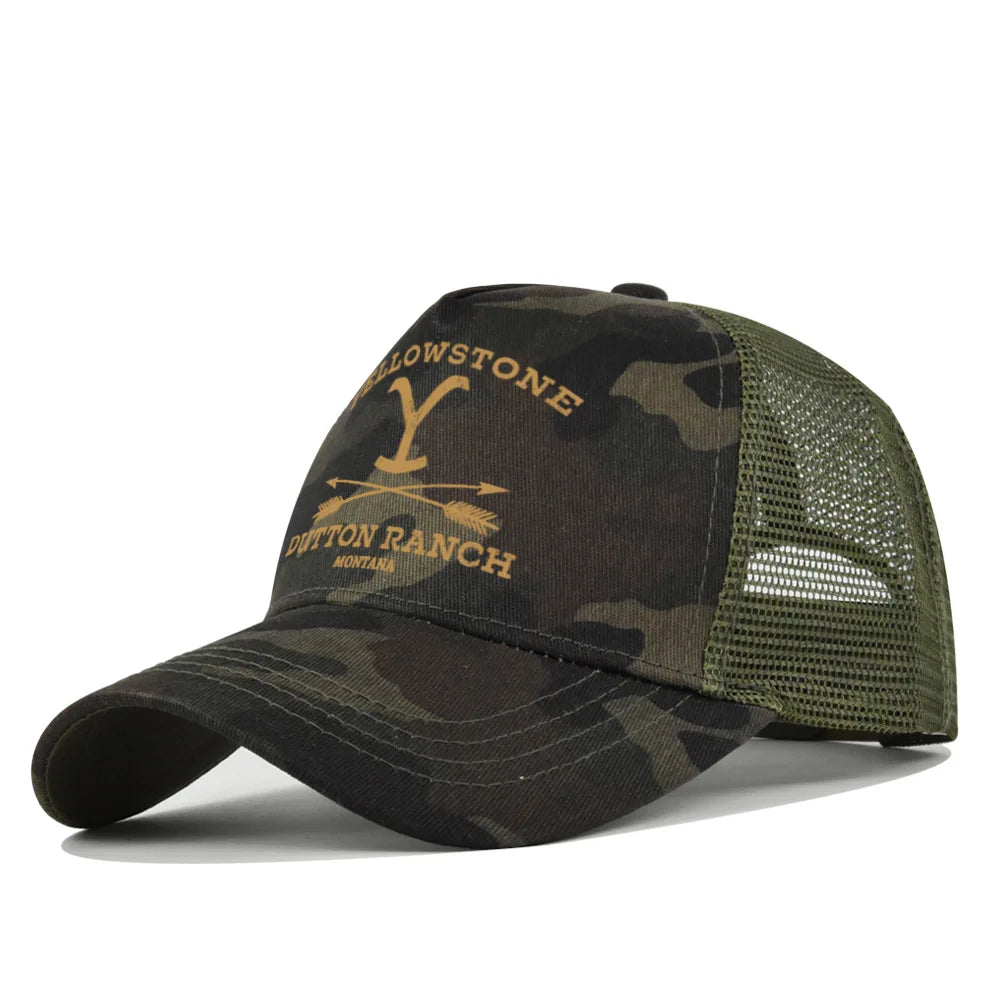 A dark olive green camouflage baseball cap with a brown embroidered 'Y' and Dutton Ranch text.