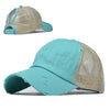 A teal and beige vintage mesh baseball cap shown from the side.
