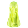 A bright lime green silky durag shower cap bandana tied in a bow.
