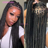 Close-up of a woman wearing a full lace box braid wig with long black hair