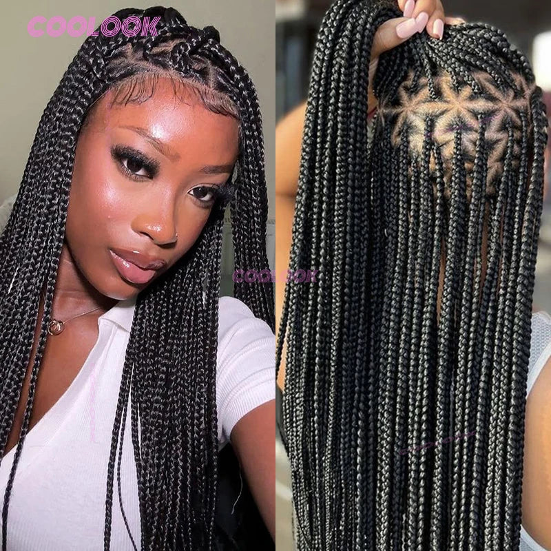 Close-up of a woman wearing a full lace box braid wig with long black hair
