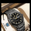 A black stainless steel watch with an octagonal bezel and polished bracelet links resting in a light-colored box.