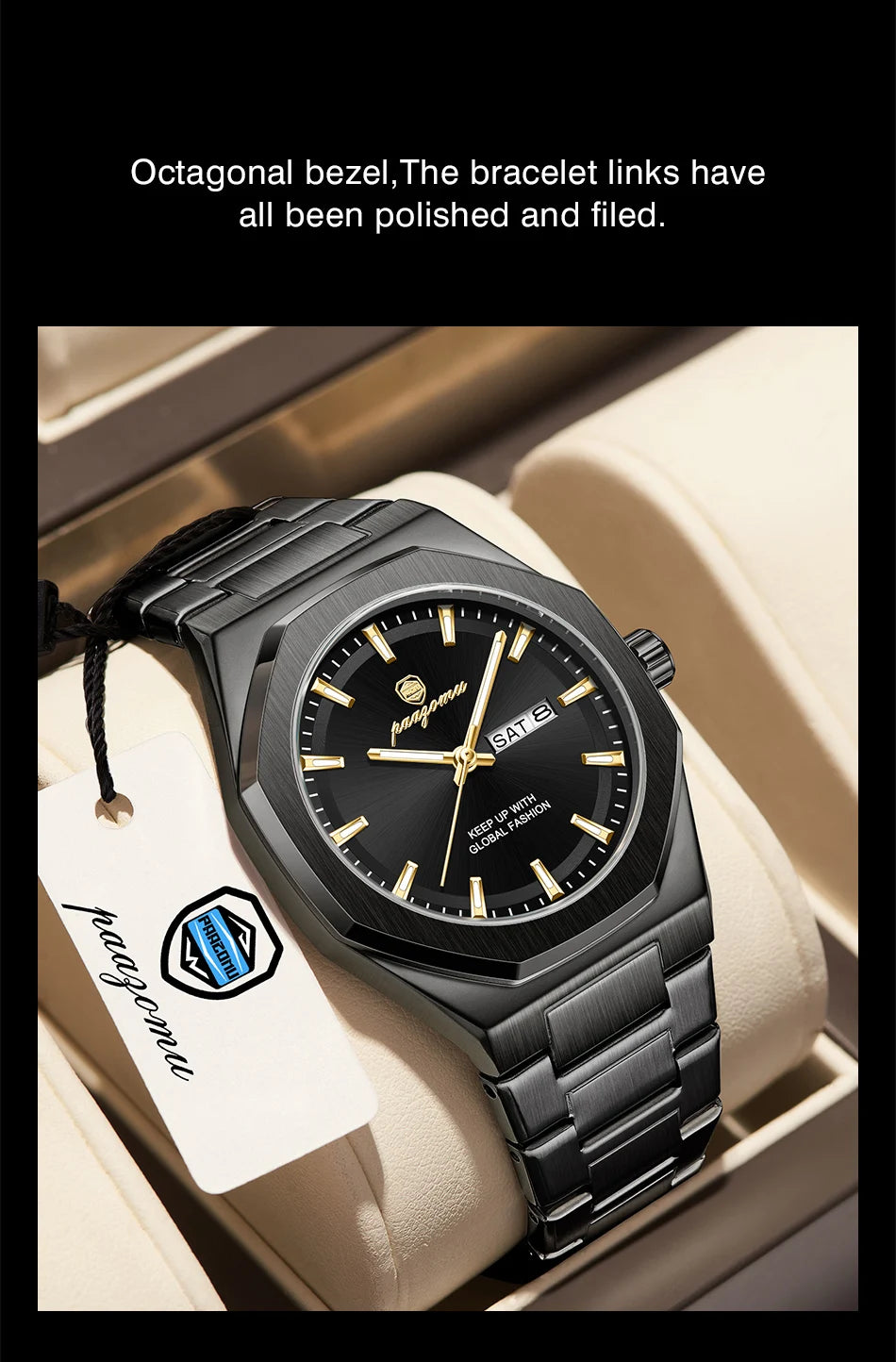 A black stainless steel watch with an octagonal bezel and polished bracelet links resting in a light-colored box.