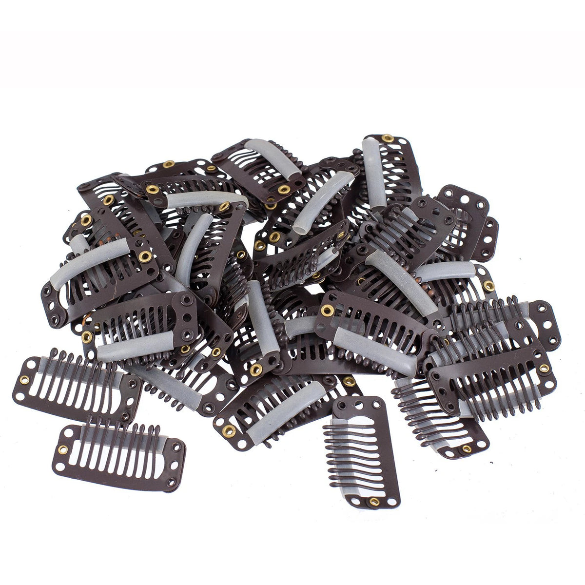 A collection of dark brown hair extension snap clips for wigs.