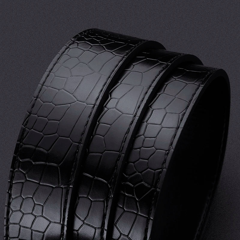 A close-up of a black leather belt featuring a crocodile pattern.