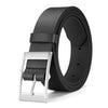 A black men's luxury PU leather belt with a silver metal pin buckle shown from the side.