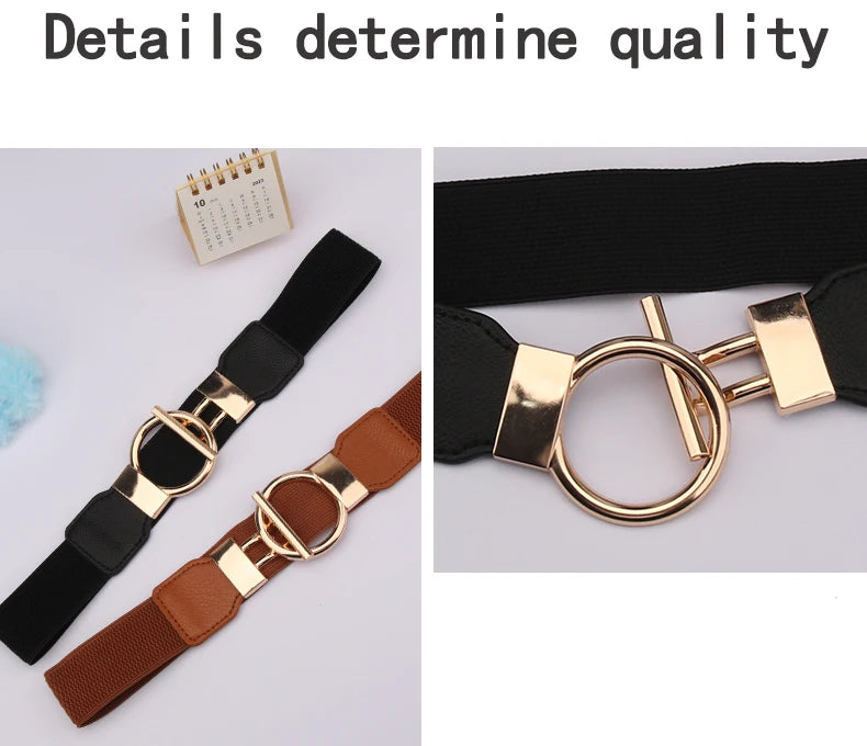 A close-up of a black and gold adjustable fashion round buckle belt with brown leather accents.