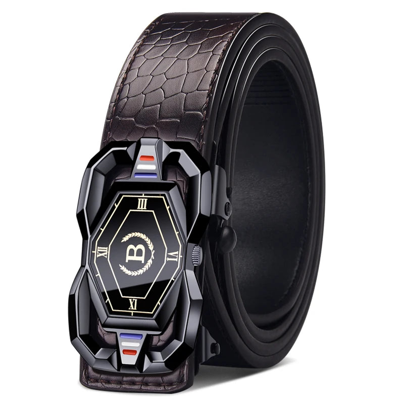 Dunkelbraunes Alligatormuster Leder-Herrengürtel mit mechanischer Schnalle und schwarzem Armband.