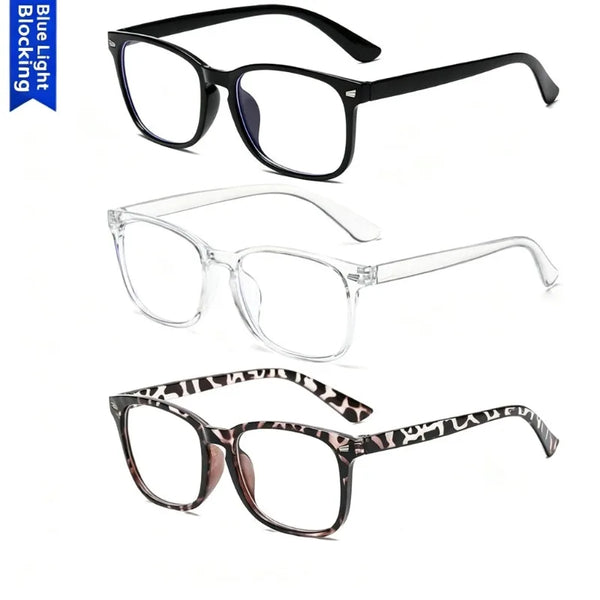 A set of three styles of anti-blue light computer glasses in black, clear, and tortoiseshell patterns.