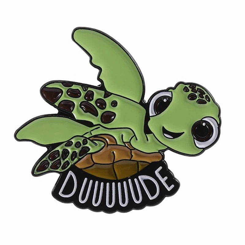 A cute sea turtle enamel lapel pin brooch featuring a green turtle with brown and black markings.
