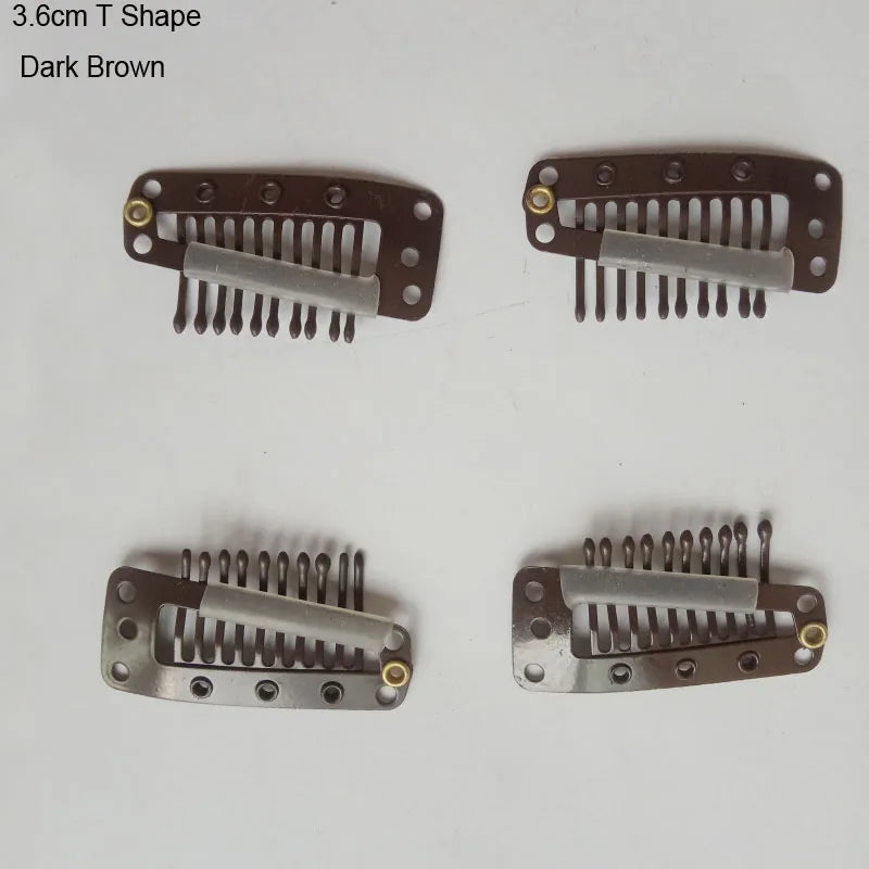 A set of dark brown T-shaped precision hair extension clips.