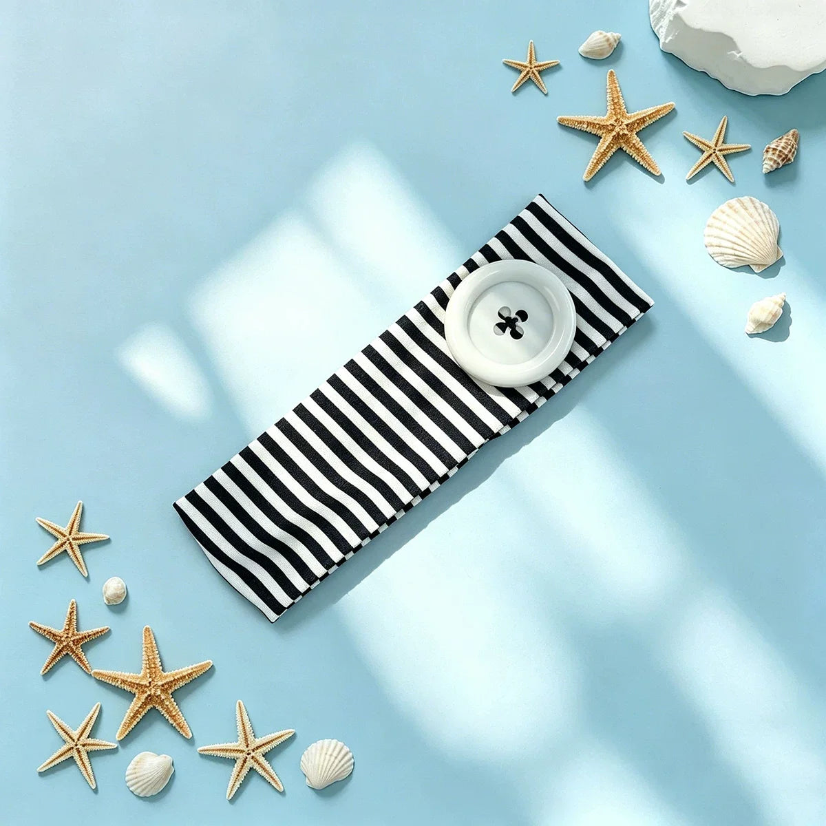Un bandeau pour cheveux rayé noir et blanc, présenté sur fond bleu clair avec décorations d'étoiles de mer et coquillages.