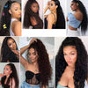 A collage of various styles and colors of water wave curly drawstring ponytail hair extensions worn by a model.