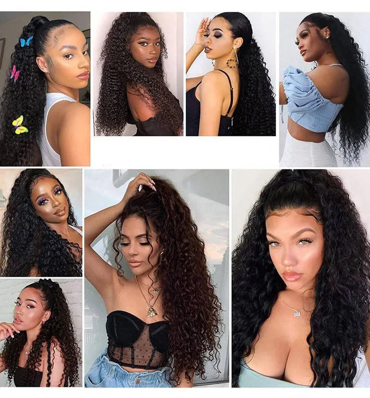 A collage of various styles and colors of water wave curly drawstring ponytail hair extensions worn by a model.