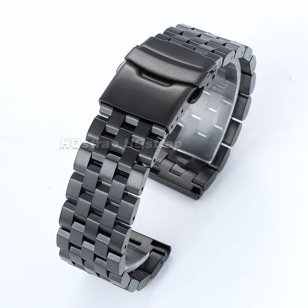A black adjustable stainless steel watch band shown from the side.