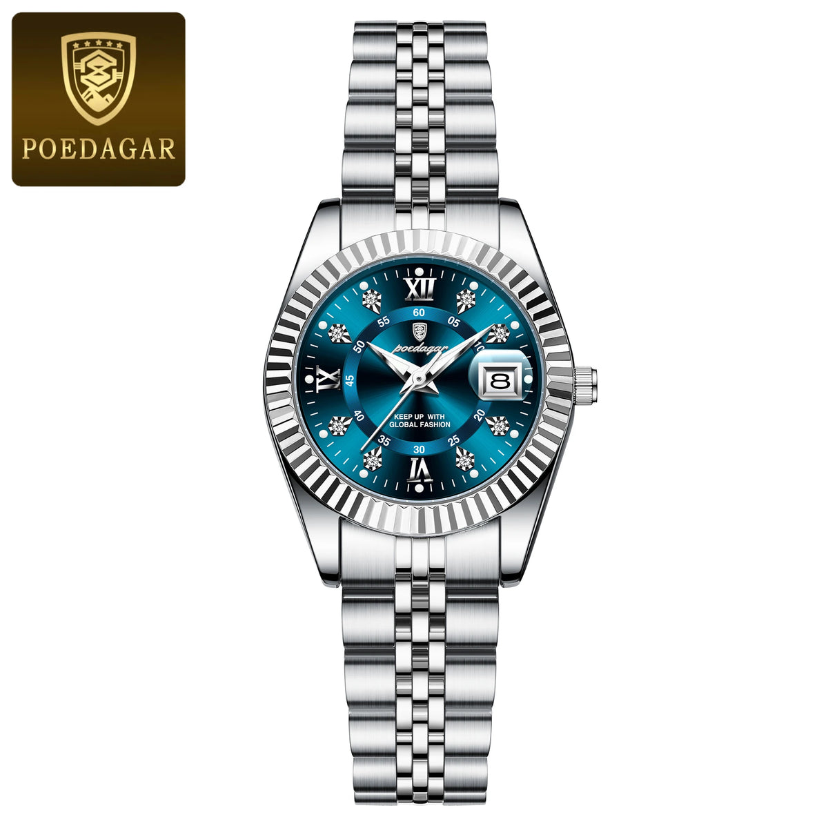 A stainless steel quartz ladies wristwatch with a blue dial and luminous features.