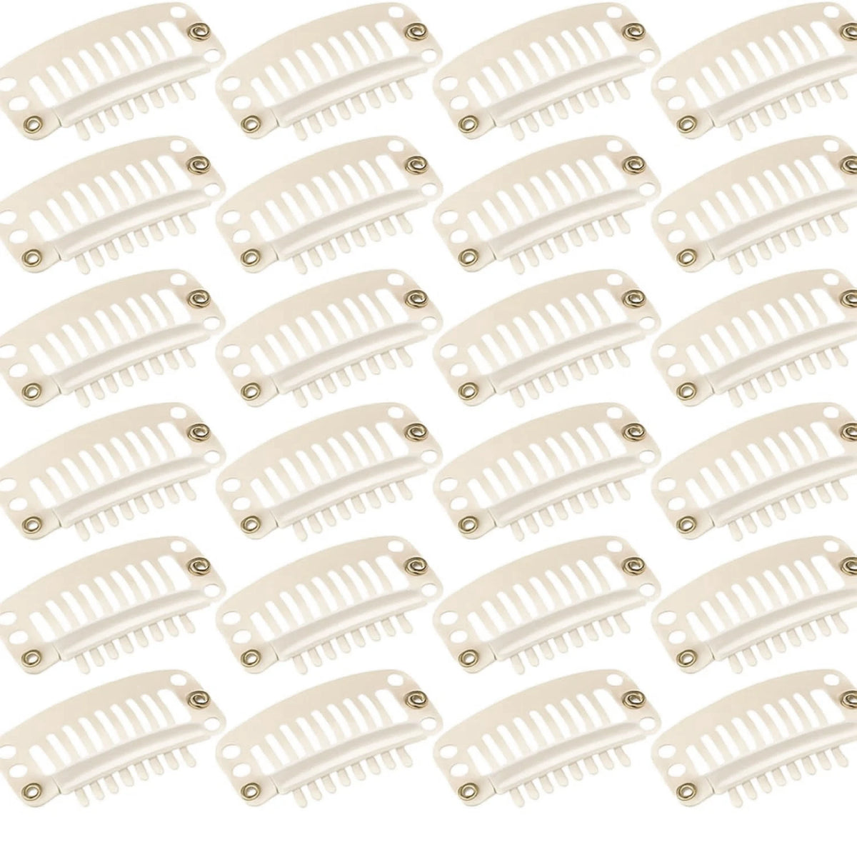 A set of white hair extension snap clips used for wigs.