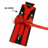 A set of red polyester suspenders with bow ties displayed against a black background.