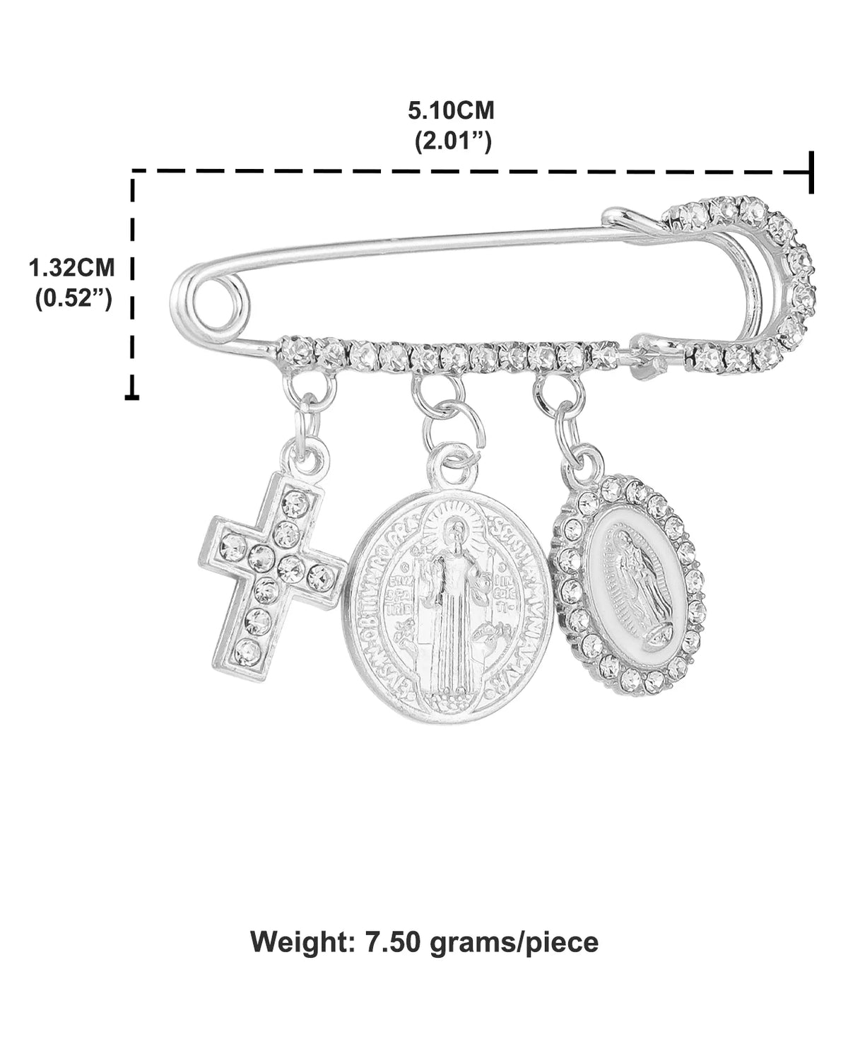 Silbernes St. Benedikt-Medal-Broche mit Kreuz und Medaillon auf einem Balken.