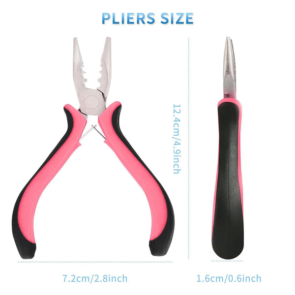 Un par de pinzas mini para extensiones de cabello rosa y negro con sus dimensiones.