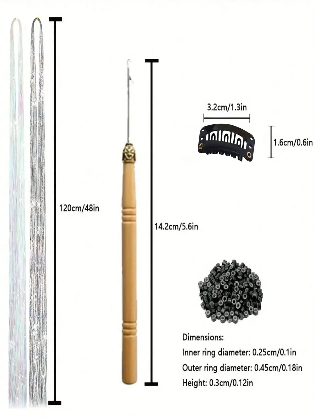 A long synthetic hair tinsel kit featuring a thin rod and a black ring component for crafting.