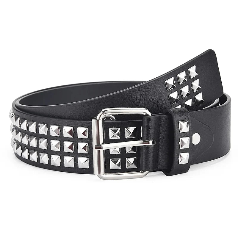 Black leather belt featuring silver square bead rivet pyramid detailing and a silver buckle.