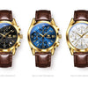 Three views of a gold-toned multi-function watch with a blue dial and brown leather strap.
