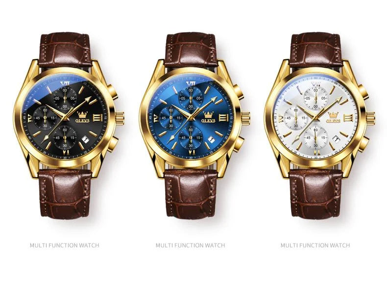 Three views of a gold-toned multi-function watch with a blue dial and brown leather strap.