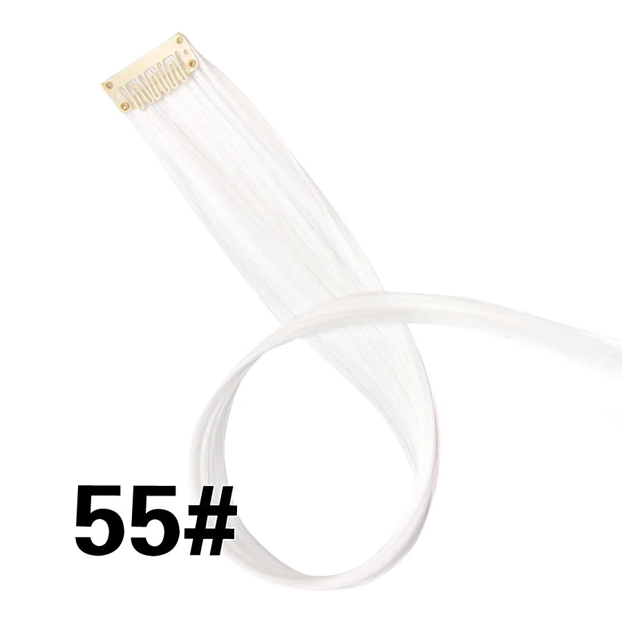 A spool of white synthetic hair extensions labeled 55# with a clip-in attachment.