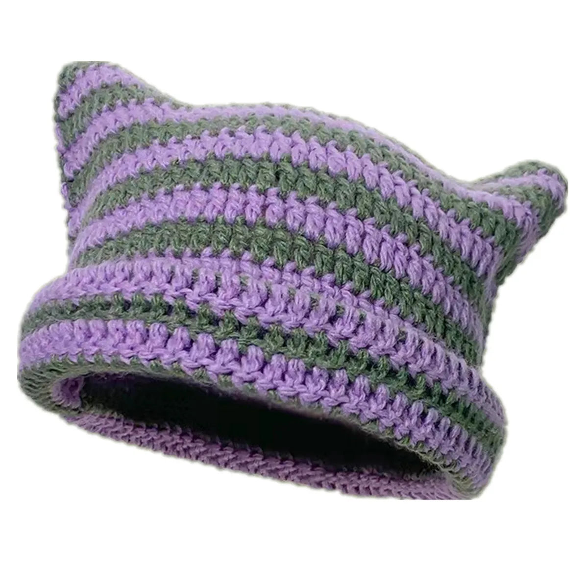 A knitted beanie hat with striped purple and green yarn, featuring cat ear shapes.