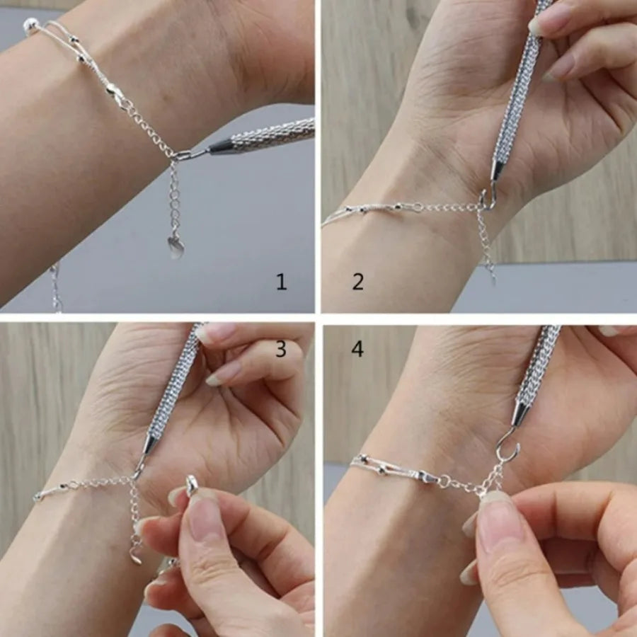 Four images showing the use and structure of a precision jewelry tool kit for clasps and closures on a wrist.