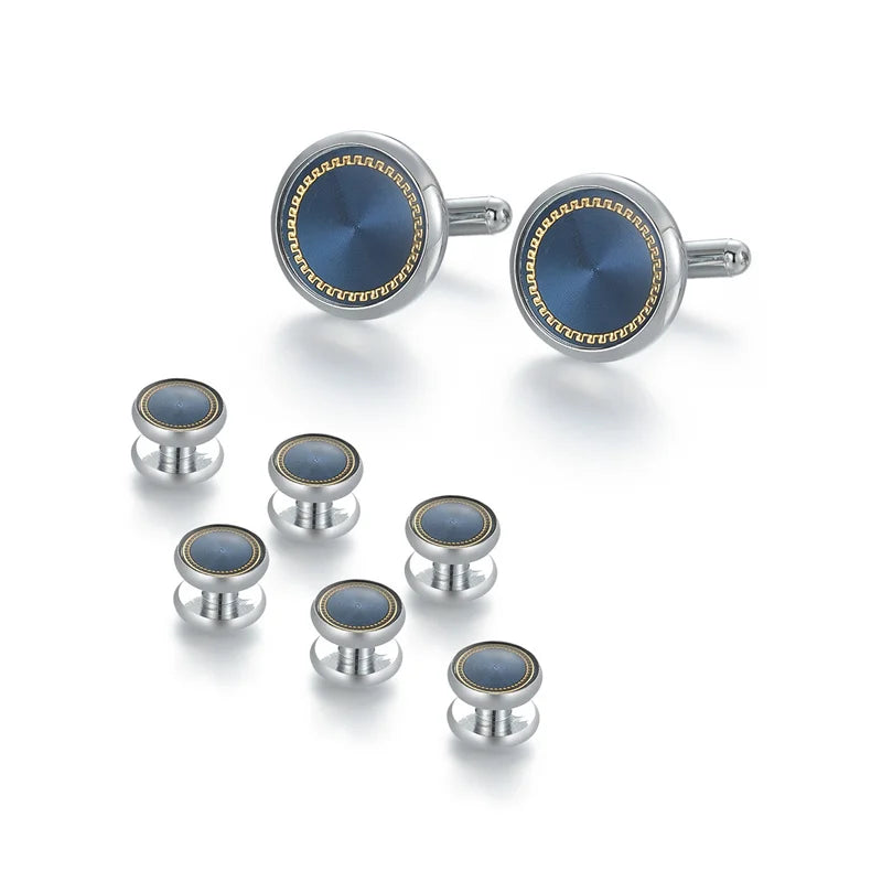 Un ensemble élégant de boutons de manchette et de clips de cravate pour hommes, avec émail bleu et métal argenté.