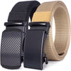 A black tactical canvas utility belt with a tan woven strap and a black buckle shown from the side.