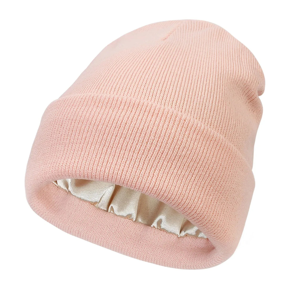 A light pink satin-lined knitted beanie hat shown from the side.