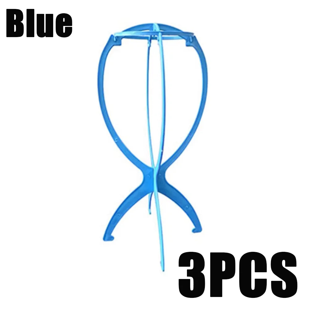Soporte plegable portátil de color azul para peluca con tres piezas