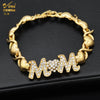 A gold heart crystal jewelry set spelling out MOM on a bracelet