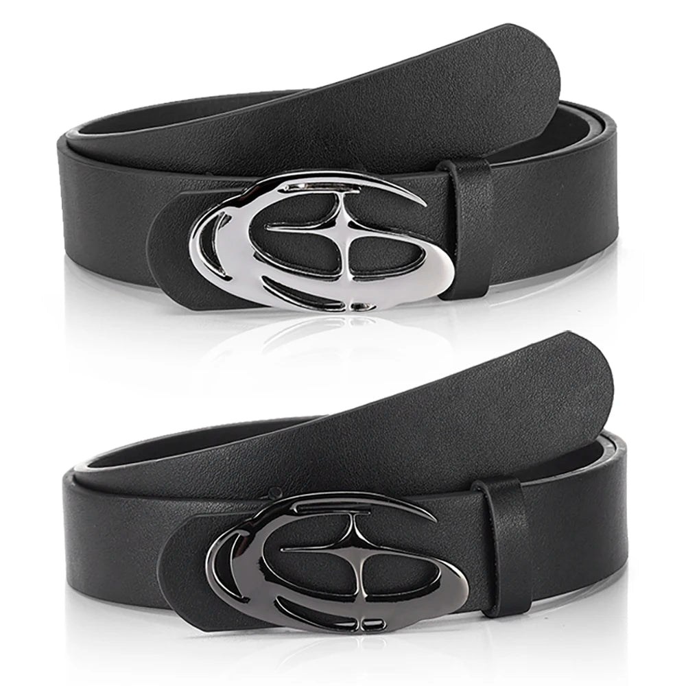 Black leather belt with a silver geometric alloy buckle for men